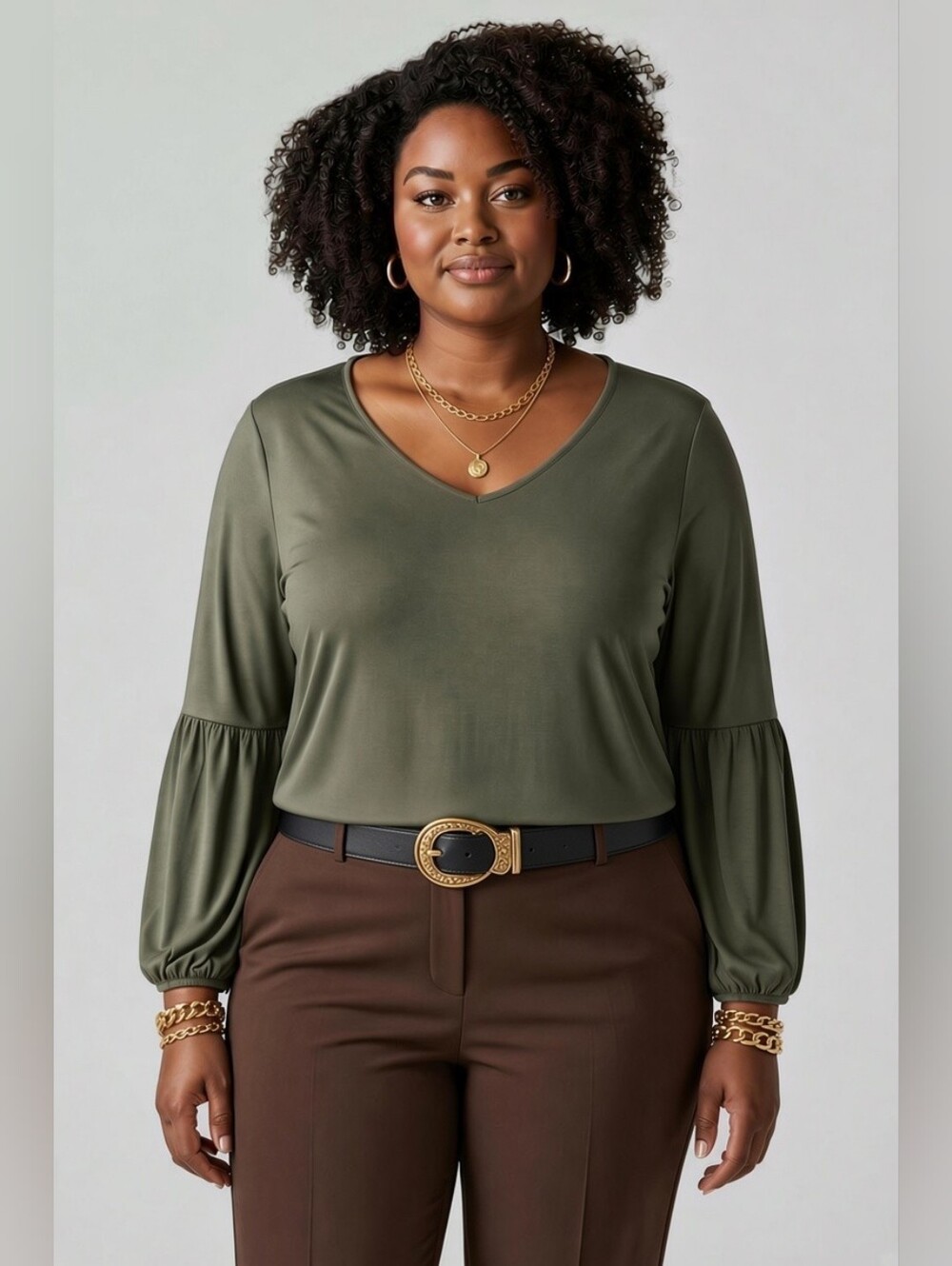 Lord & Taylor V-Neck Long Sleeve Top in Olive Green SZ XXL